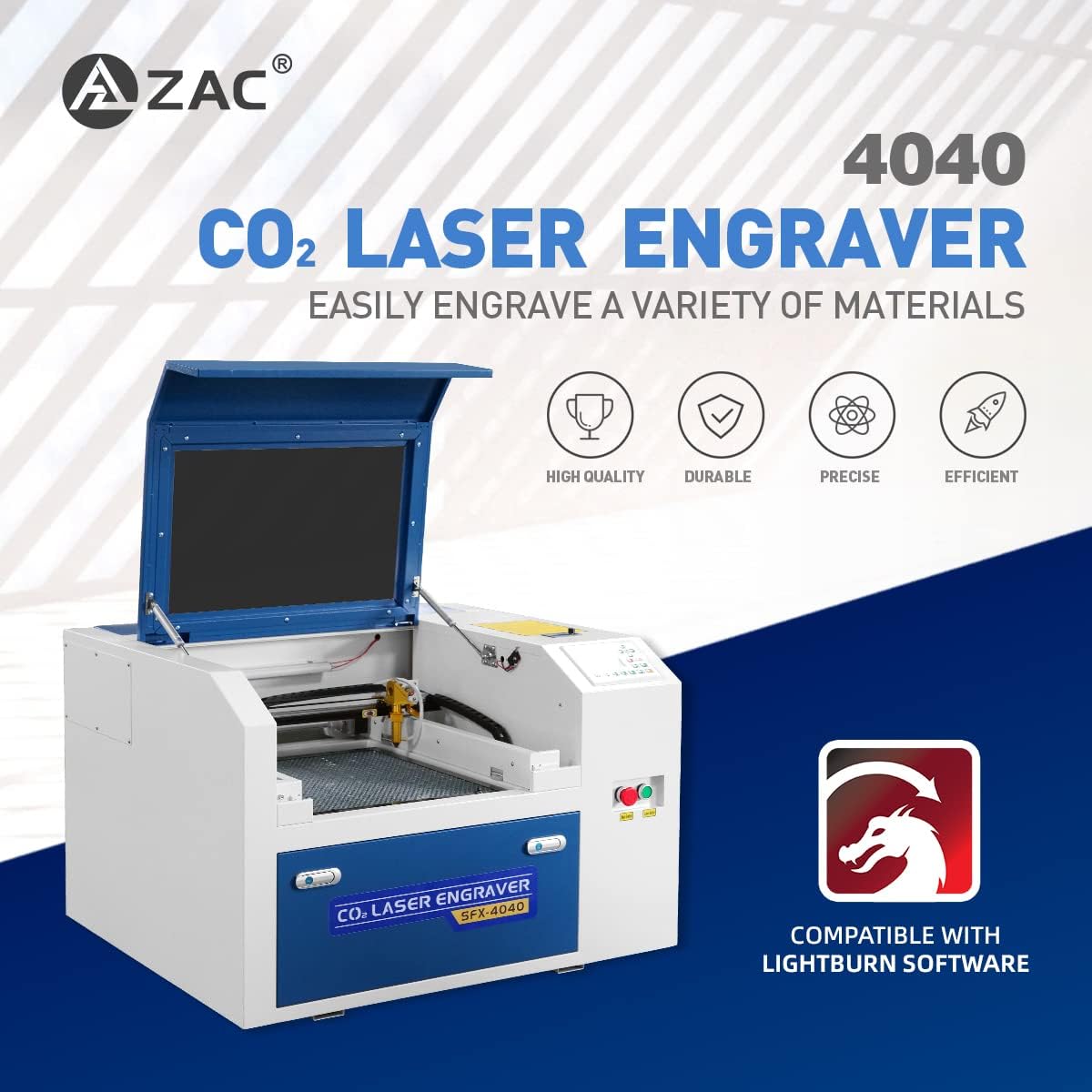 ZAC CO2-Lasergravierer, 50 W, Laserschneidemaschine, kompatibel mit LightBurn 400 x 400 mm Lasergravurmaschine für Holz, Acryl