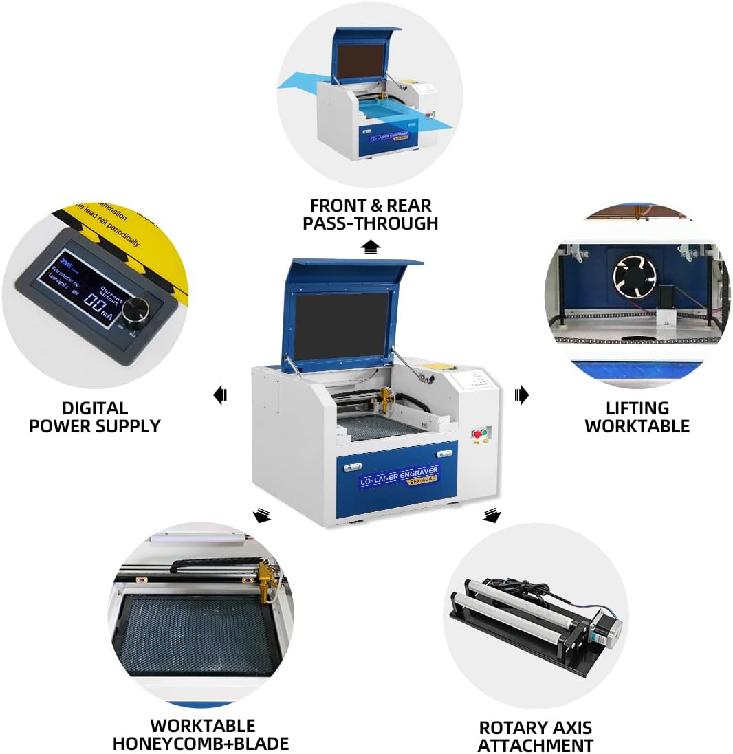 ZAC CO2-Lasergravierer, 50 W, Laserschneidemaschine, kompatibel mit LightBurn 400 x 400 mm Lasergravurmaschine für Holz, Acryl