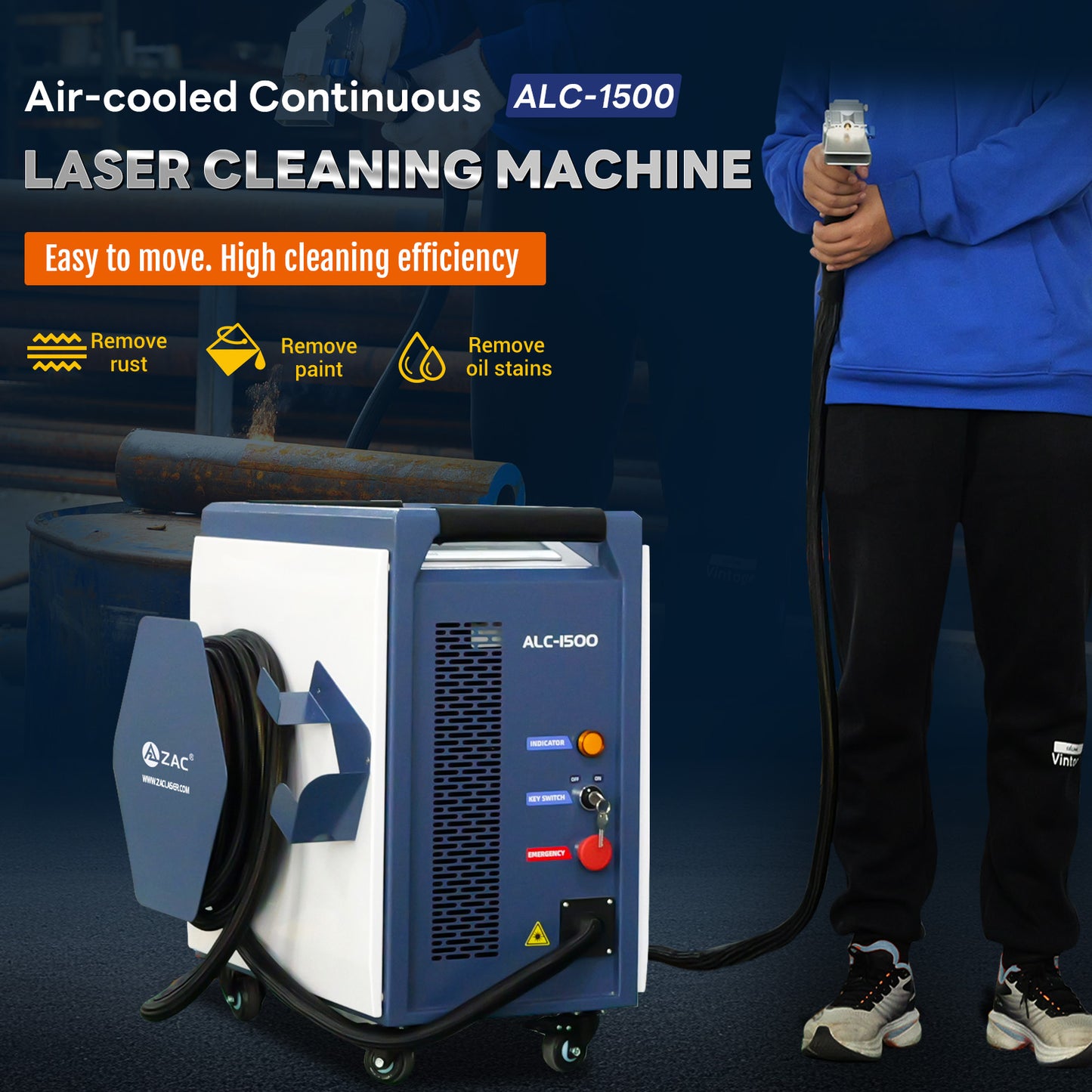 ZAC 1500W Continuous Laser Cleaning Machine 220V Laser Rust Removal with IOT Technolofy for Metal Rust Oil Paiting Coating