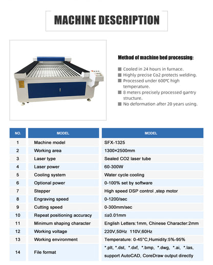 ZAC CO2-Laserschneidemaschine 300 W Laserschneider mit 1300 x 2500 mm Werkbank Lightburn S&A Wasserkühler