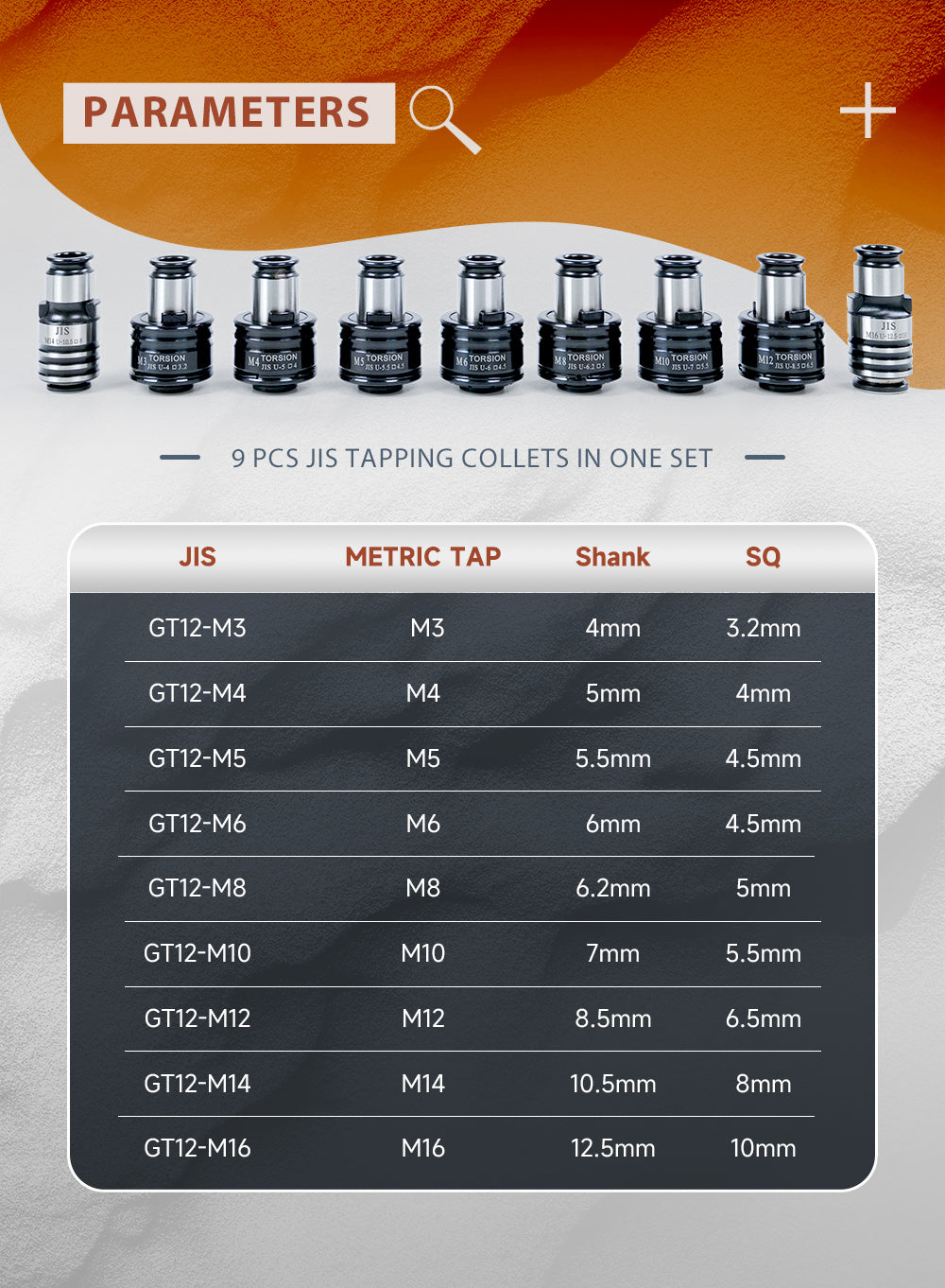 ZAC US Stock GT12 ANSI DIN ISO JIS Tapping Collets Torque Collet Apply for M16R Electric Tapping Machine