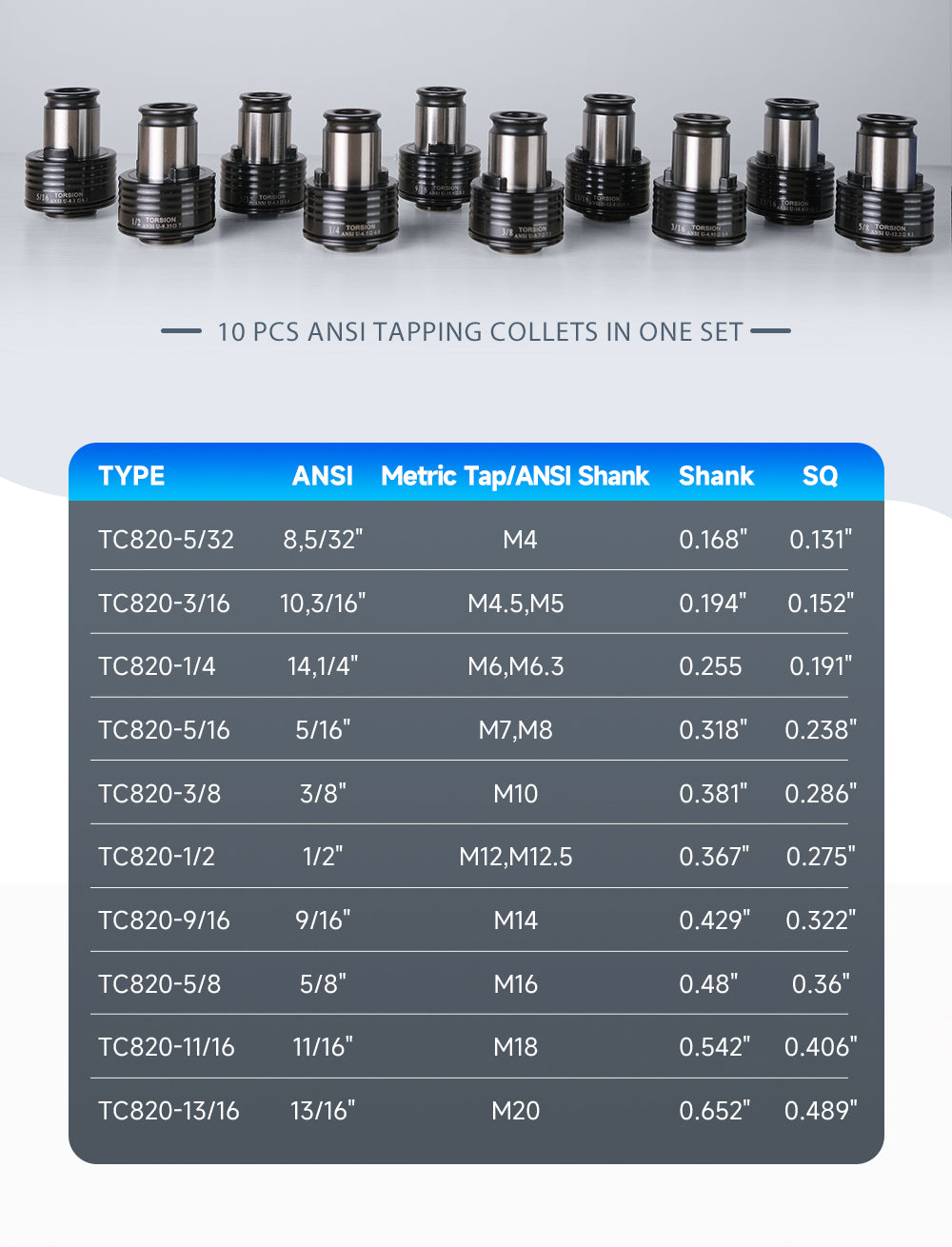 ZAC TC820 ANSI Collets 10PCS Tap Chuck Holder Fits M24HR Electric Tapping Machine