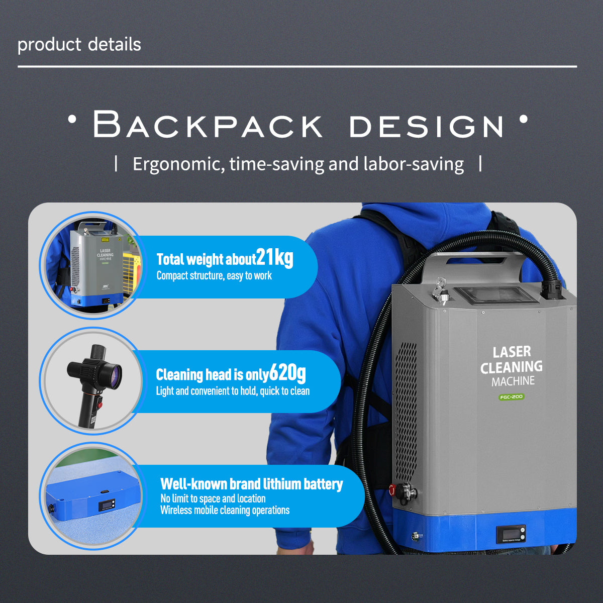 ZAC Backpack Laser Cleaning Machine 200W Handheld Portable Laser Rust Removal for  Metal Rust Oil Graffiti Painting Coating (Battery Included)