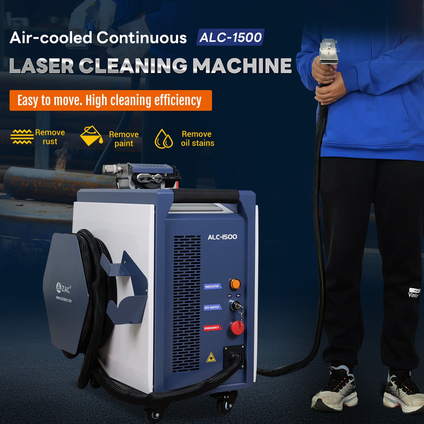 ZAC 1500W Continuous Laser Cleaning Machine 220V Laser Rust Removal with IOT Technolofy for Metal Rust Oil Paiting Coating
