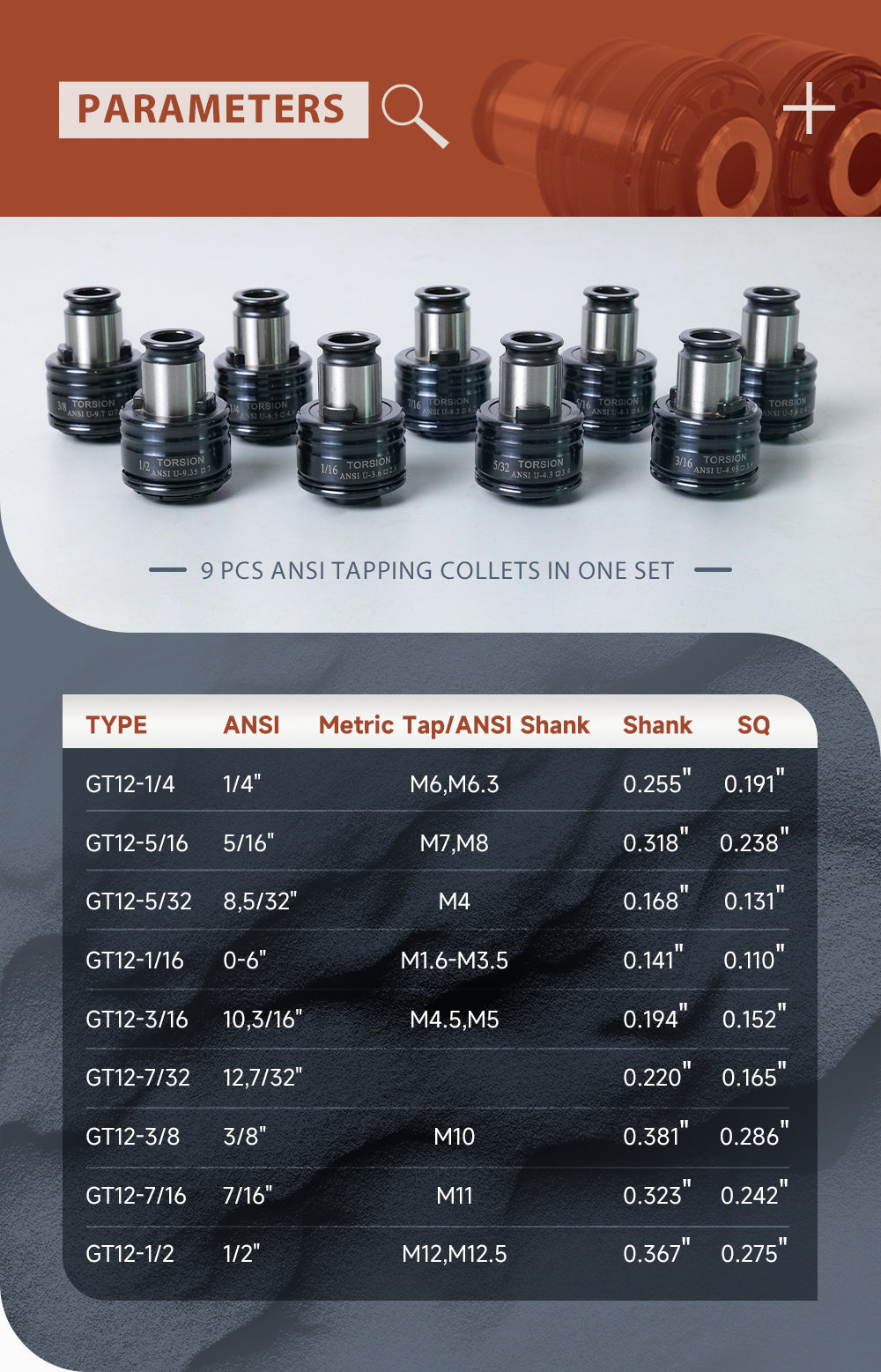 ZAC US Stock GT12 ANSI DIN ISO JIS Tapping Collets Torque Collet Apply for M16R Electric Tapping Machine