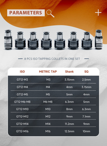ZAC US Stock GT12 ANSI DIN ISO JIS Tapping Collets Torque Collet Apply for M16R Electric Tapping Machine
