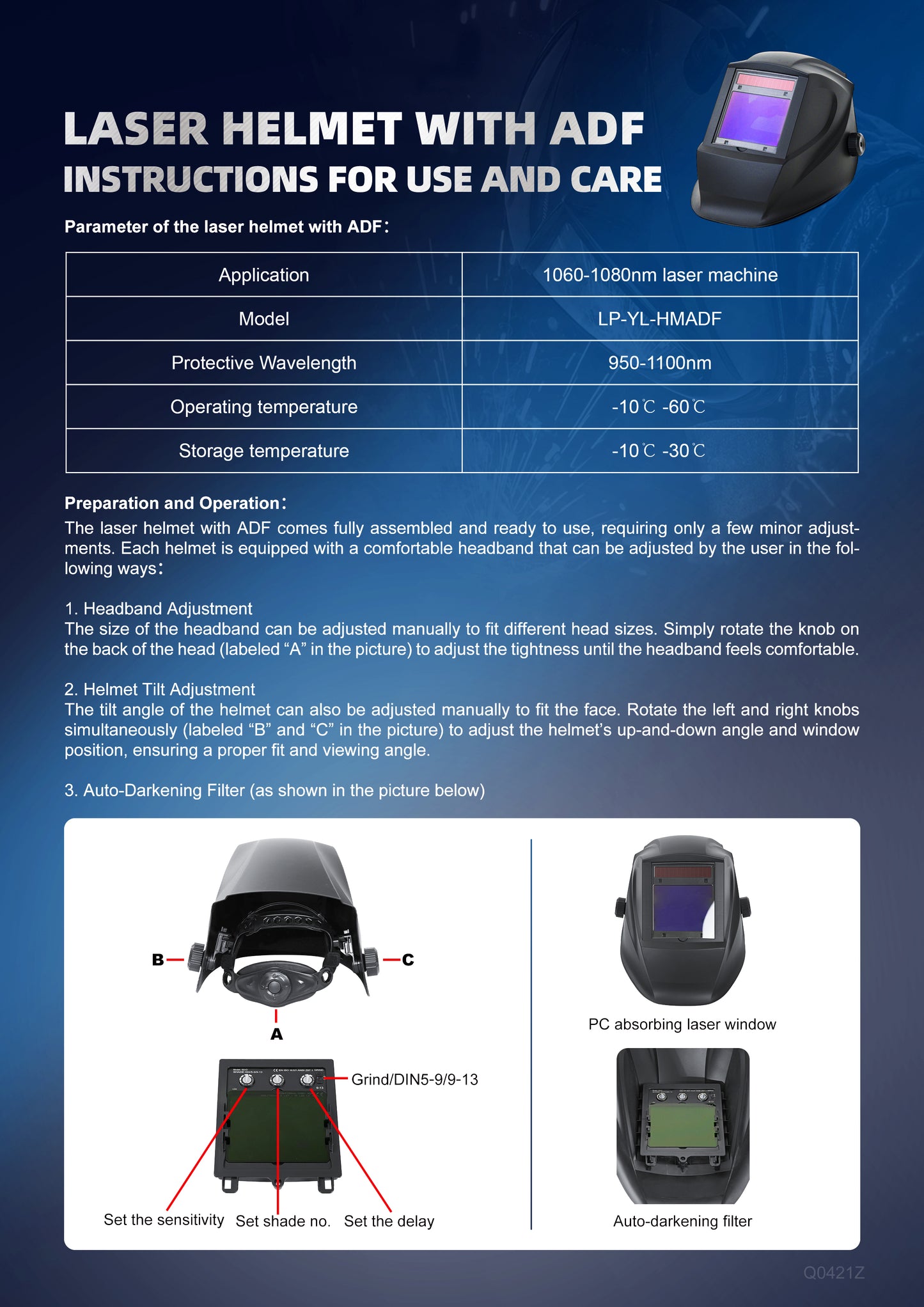 ZAC Laser Safety Helmet Welding Helmet 4.13”X3.35” Welding Hood Auto Darkening Protective Mask