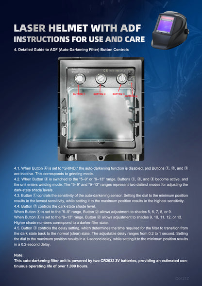 ZAC Laser Safety Helmet Welding Helmet 4.13”X3.35” Welding Hood Auto Darkening Protective Mask