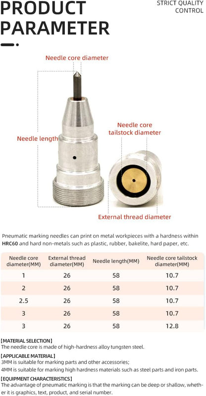 ZAC pneumatischer Nadelpräger, Markierungsstift, 1 mm – 3 mm, Markierungsnadel und Nadelhülse