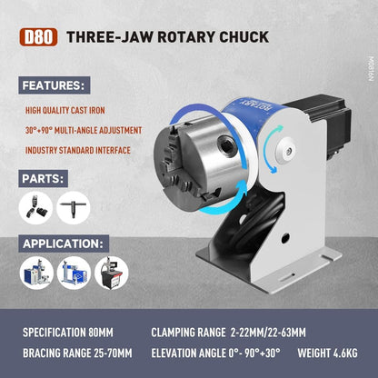 Axe rotatif ZAC pour graveur laser à fibre D80/D100/D125 mandrin rotatif à trois mâchoires