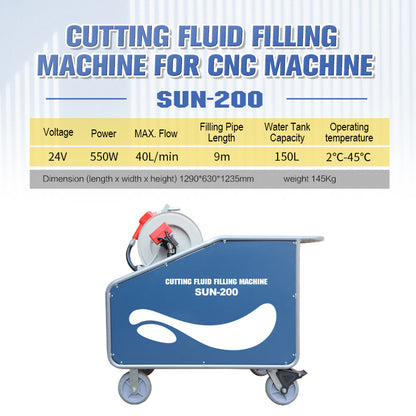 ZAC Cutting Fluid Filling Machine for CNC Machine SUN-200 Coolant Filling Machine 150L with Auto Jump Gun CNC Coolant Refill, 9m Reel Hose, No Spill