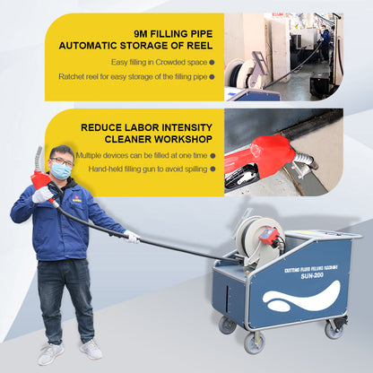 ZAC Cutting Fluid Filling Machine for CNC Machine SUN-200 Coolant Filling Machine 150L with Auto Jump Gun CNC Coolant Refill, 9m Reel Hose, No Spill