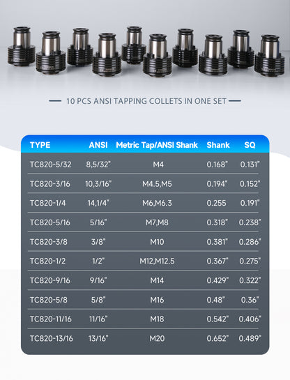 ZAC TC820 ANSI Collets 10PCS Tap Chuck Holder Fits M24HR Electric Tapping Machine