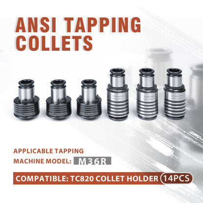 ZAC TC820 ANSI Collets, M6,M6.3 M7,M8 M10 M12,M12.5 M14-M33 14PCS Tap Collet Chuck Holder Suitable for M36 Electric Tapping