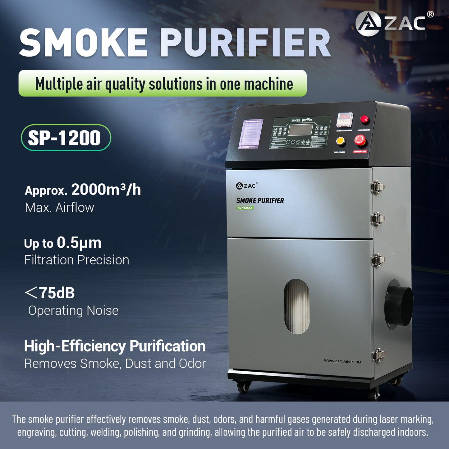 ZAC Smoke Purifier 1200W Laser Solder Fume Extractor Automatic Pulse Jet Cleaning  Smoke Absorber for Laser Marker Engraver Cutter Welder