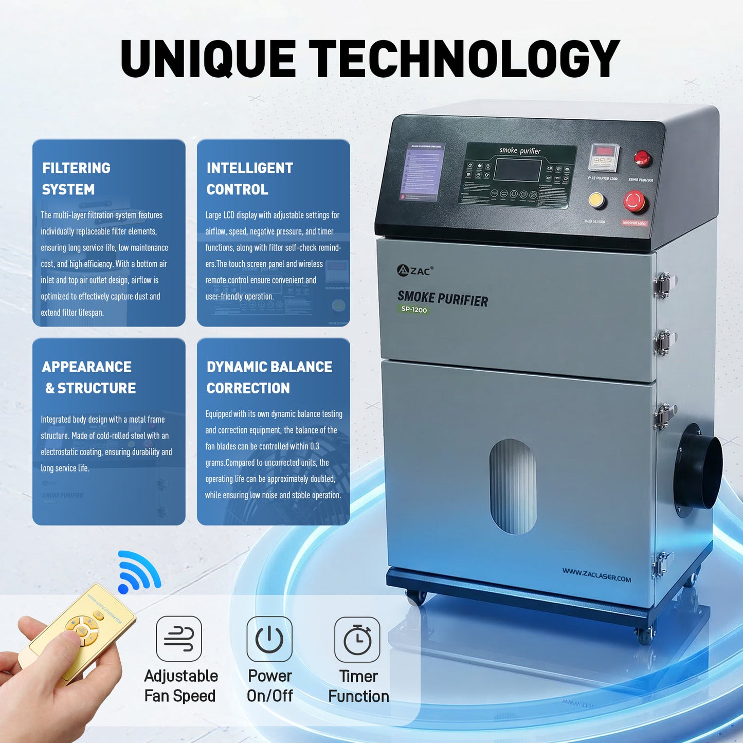 ZAC Smoke Purifier 1200W Laser Solder Fume Extractor Automatic Pulse Jet Cleaning  Smoke Absorber for Laser Marker Engraver Cutter Welder