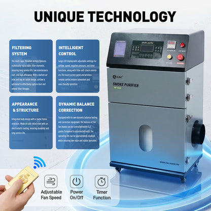 ZAC Smoke Purifier 1200W Laser Solder Fume Extractor Automatic Pulse Jet Cleaning  Smoke Absorber for Laser Marker Engraver Cutter Welder