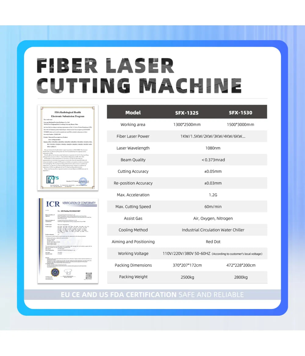 ZAC Fiber Laser Cutter MAX 1000W/1500W/2000W Metal Laser Cutting Machine 1300×2500mm(51.2×98.4inch) Working Area