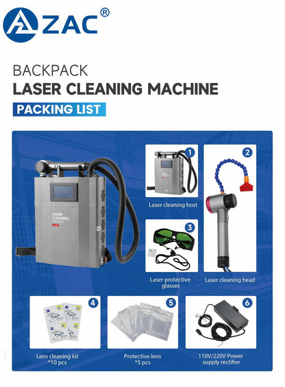 ZAC Machine de nettoyage laser pour sac à dos 100 W 200 W portable pour enlever la rouille du métal, peinture à l'huile, graffiti, revêtement (sans batterie)